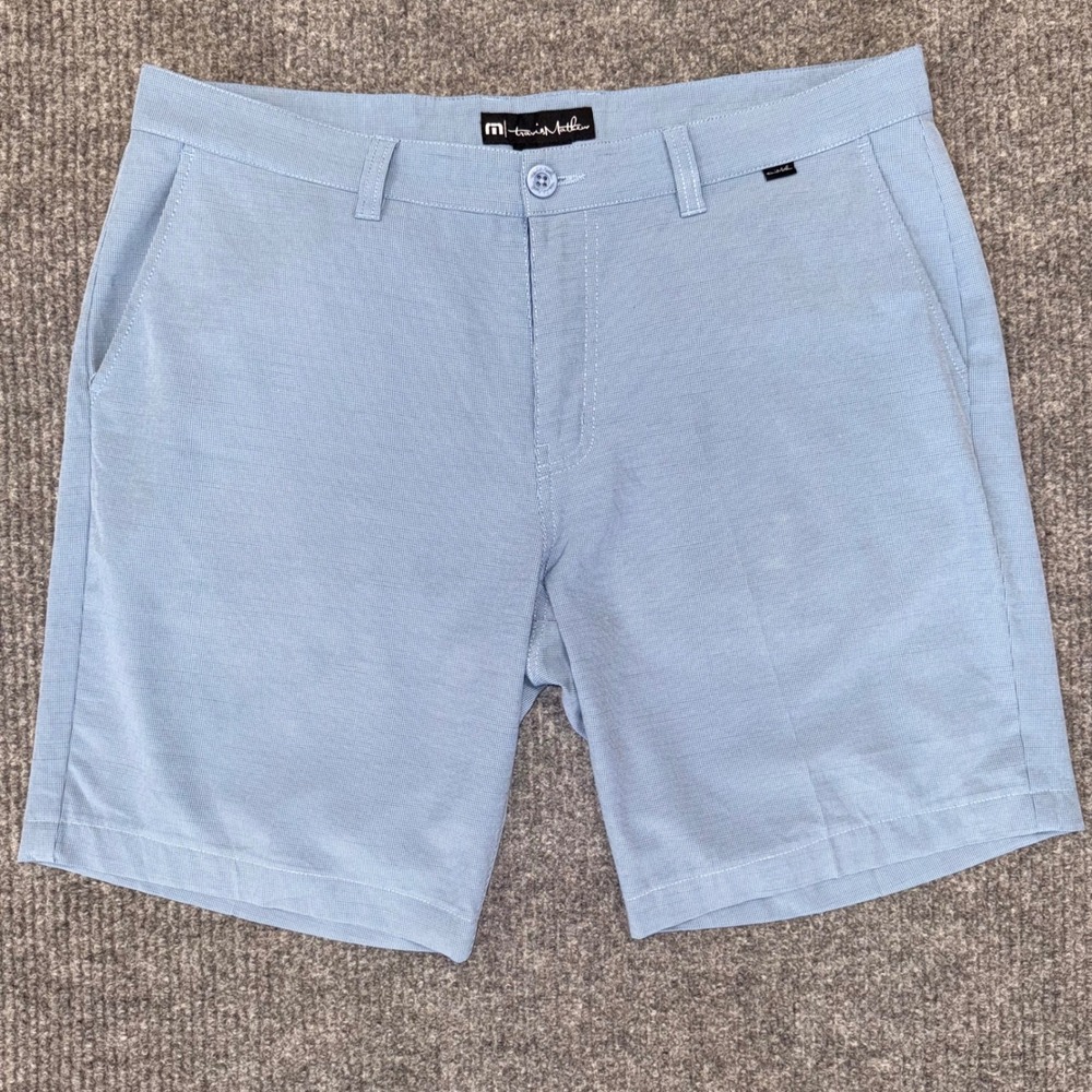 TravisMathew Mens Golf Shorts Blue Micro Check Stretch Performance Size 36 - Picture 2 of 10